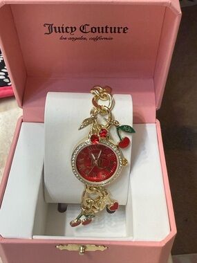 Juicy Couture Cherry Charm Bracelet Watch Red Dial Gold Tone Y2K Glam New